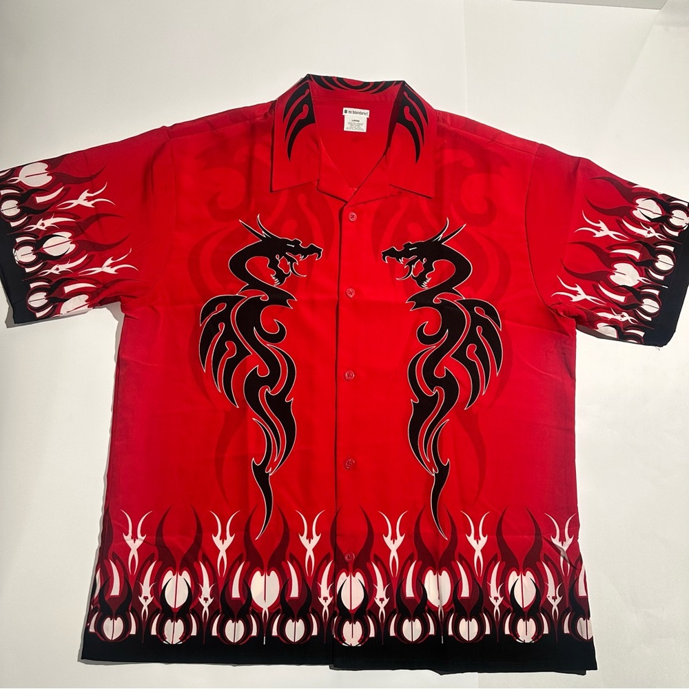 No Boundaries Y2K Red and Black Dragon and Flame Print Men's Shirt